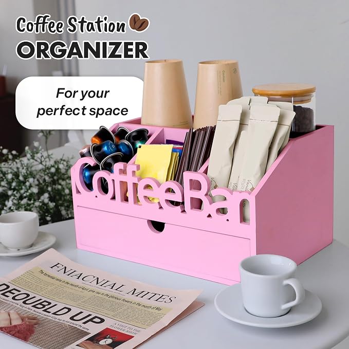 Coffee Bar Organizer Countertop, Wood Coffee Station with Drawer, Pink | K-Cups, Tea Bags, Sugar Packets & Creamers