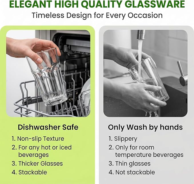 Mapoxy 16oz Highball Glasses Set of 6, Thick Lead-Free Glass Tumblers | Clear Drinking Glasses with Heavy Base for Water, Juice, Beer, Cocktails, Dishwasher Safe Bar Glassware, Ideal Gifts