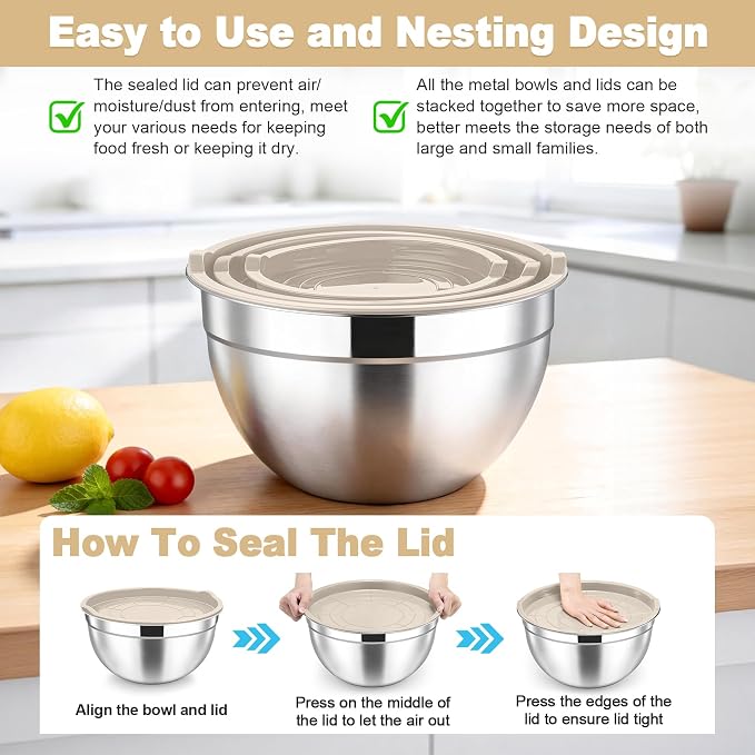 TeamFar Mixing Bowls, Stainless Steel Nesting Salad Bowls & Airtight Lids | For Serving/Mixing/Storing, Rust-proof & Heavy Duty, Dishwasher Safe, Set of 3-4.6/3 / 1.5 QT, Khaki