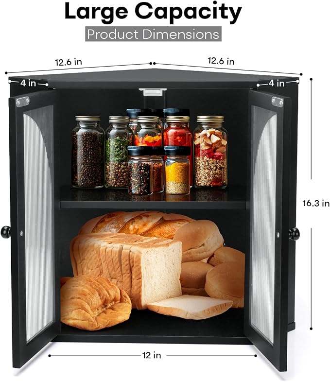 Corner Bread Box for Kitchen Countertop,Double Layer Bread Holder | 3 Adjustable Height, Large Capacity, Magnetic Acrylic Door, Bamboo Bread Storage Container for Homemade Bread, Black