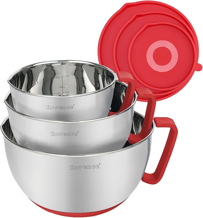 Stainless Steel Mixing Bowls Set with Lids,1.5,3 & 5 Qt,Red | Non-Slip Silicone Base,Precision Pour Spout,Ergonomic Easy-Grip Handle,Measurement Marks,Airtight Lids,Cooking & Meal Prep