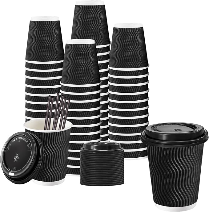 Lamosi 50 Pack 8 oz Disposable Coffee Cups with Lids and Straw, Black | Insulated Corrugated Ripple Wall Hot Cups with Lids for Hot Drink, Office, Coffee Bars, Meetings, and Short To-Go Use