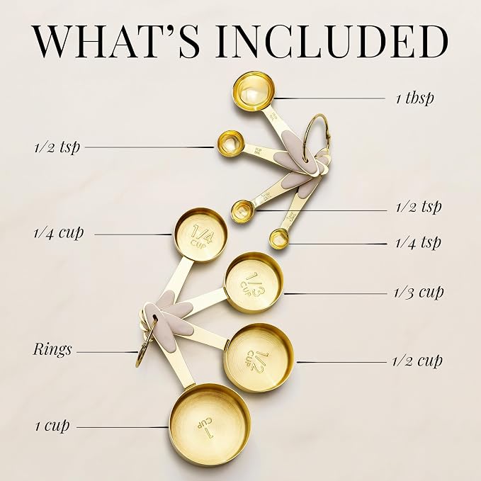 Styled Settings Gold Measuring Cups and Spoons Set, 8-Piece | Stainless Steel, 8-Piece Brass Measuring Set with Beige Silicone, Stackable, Gold Kitchen Accessories for Baking & Cooking