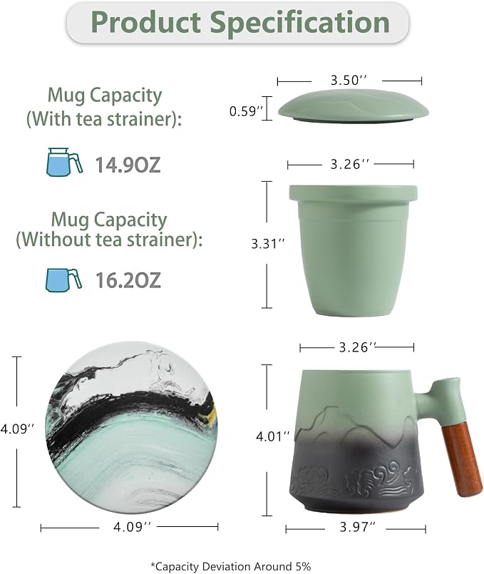 ZENS Tea Infuser Mug with Lid & Coaster, 15oz Loose Tea Diffusers, Moss | Embossed Ceramic Tea Cup with Infuser for Loose Leaf Tea Steeper, Tea Lovers Gifts, Nature Wood Handle