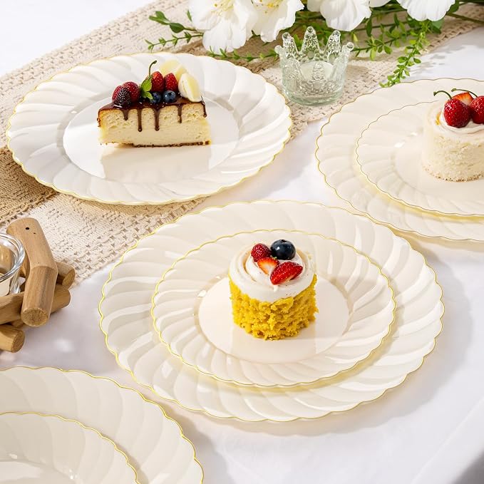 YOUBET 125PCS Ivory Scalloped Plastic Plates for Party Wedding | Cream Scalloped Disposable Plates - Gold Plastic Dinnerware Set Include 50 Plates, 75 Gold Silverware