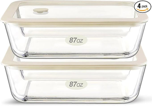 Glass Food Container Set with Glass Lid, Large Meal Prep Container Set, Airtight Food Storage Containers with Air Vent Lid, 2 Pack, Large, 87oz, LeakProof, 100% Plastic Free, White color,