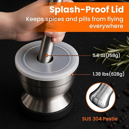 304 Stainless Steel Mortar and Pestle Set with Anti-Slip Silicone Pad | Keeps the bowl steady, Weighty pestle crushes spices, herbs and pills with less effort, Included Cleaning Brush and Lid
