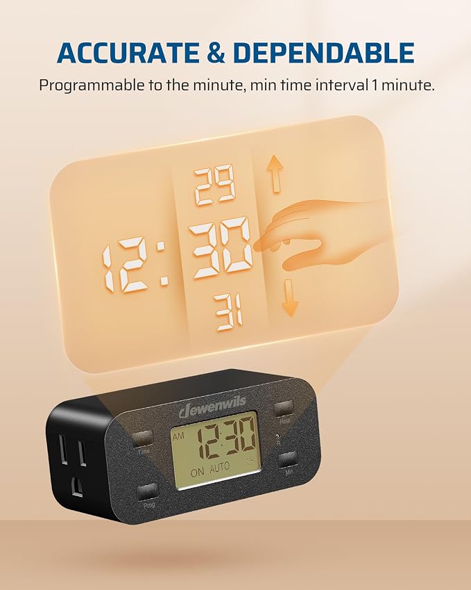 DEWENWILS Indoor 24 Hour Programmable Digital Timer Outlet, 1 Outlet,1 Pack | 3 On/Off Programs,125V/15A, 1/2 HP, 3 Prong Light Timer for Lamp,Aquarium, Christmas Decorations, Reptile Tanks,Black