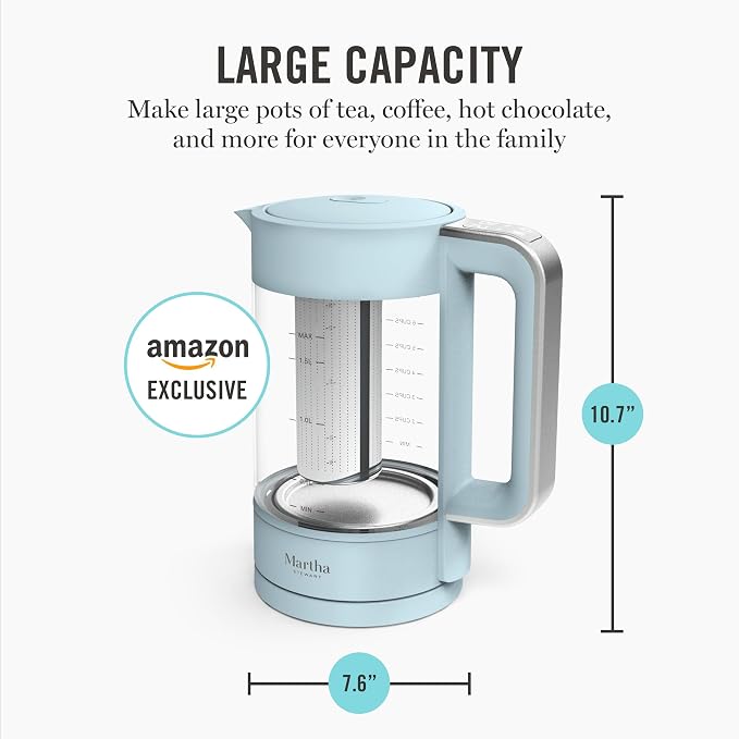 Martha Stewart 1.7L Glass Carafe Electric Kettle with Removable Tea Infuser | 7 Cups, 4 Presets, Rapid Boiling, Stainless Steel Tea Leaf Infuser, Cordless Swivel Base, Keep Warm, Auto Shut-Off, Sky Blue