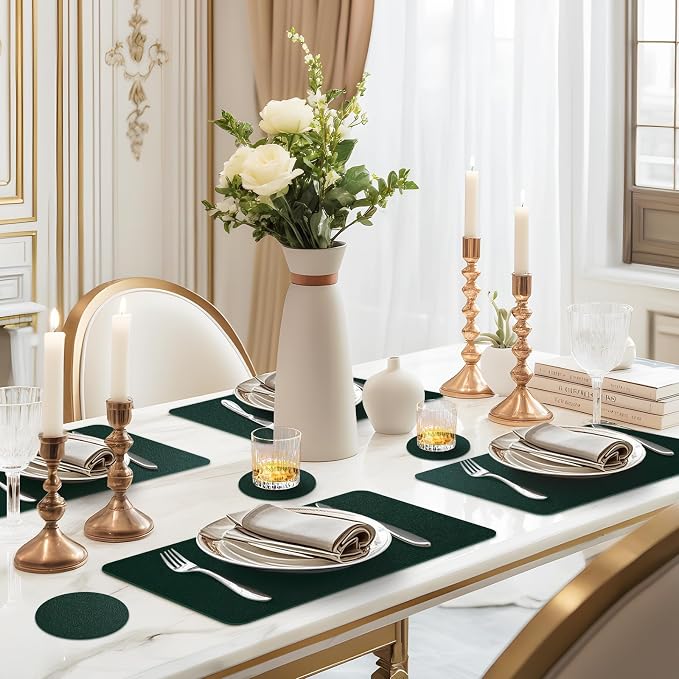 Faux Leather Placemats Set of 6 Waterproof Table Mats with Coaster | 17×12 In Heat Resistant Place Mats Set of 6 Wipebale & Washable Table Placemats for Kitchen Dining Indoor & Outdoor DarkGreen
