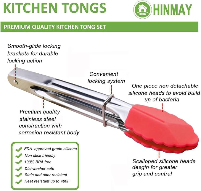 HINMAY Small Tongs with Silicone Tips 7-Inch Mini Serving Tongs, Set of 6 | Green Red Blue Purple Pink Orange