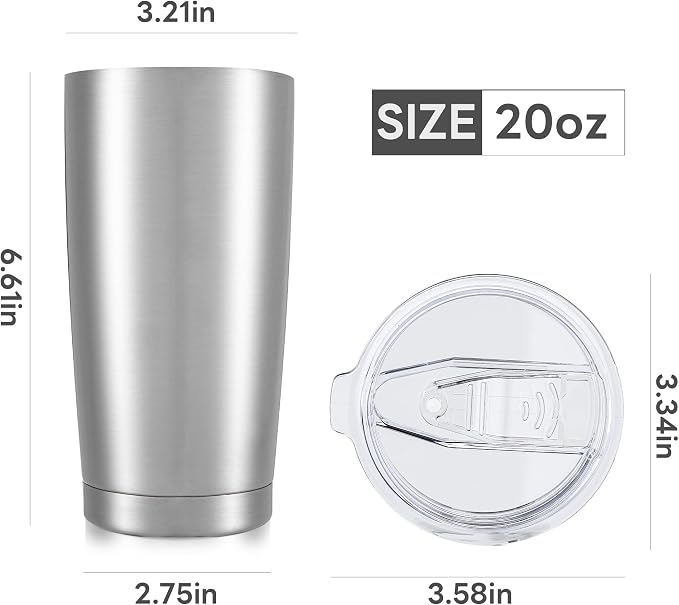 20 oz Tumbler with Lid Stainless Steel Insulated Tumblers Bulk Cups Mug | Double Wall Vacuum, Powder Coated, Keep Drinks Cold and Hot, Waterproof Lid, Fit of Car Cup Holders, Stainless, 4 Pack
