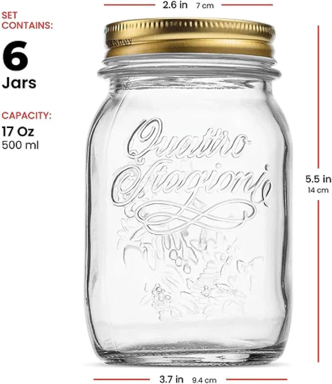 Bormioli Rocco Quattro Stagioni Mason Jar - ClearGold, 17 Oz., Set of 6