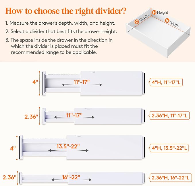 Lifewit 4" High Upgrade Drawer Divider, Adjustable Drawer Organizer Clothes | 10 Pack 11-17" Expandable White Plastic Drawer Separator for Dresser, Kitchen, Closet, Nursery, Office Organization & Storage