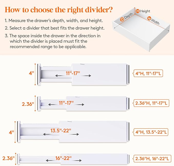 Lifewit 4" High Upgrade Drawer Divider, Adjustable Drawer Organizer Clothes | 16 Pack 11-17" Expandable White Plastic Drawer Separator for Dresser, Kitchen, Closet, Nursery, Office Organization & Storage