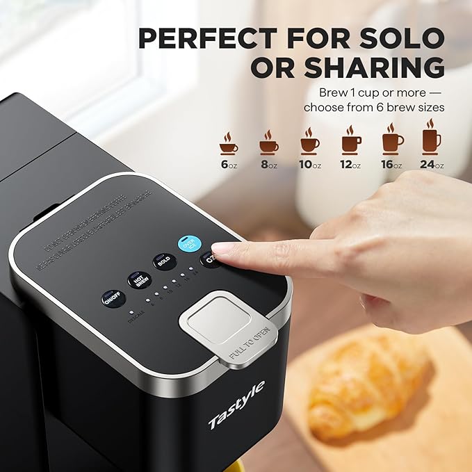 Tastyle Single Serve Coffee Maker for K Cups and Grounds with 3 Brew Styles | 40oz Removable Water Tank, 6 to 24oz Brew Size, Compact Design, Fits 7.3" Travel Mug, for Home, RVs and Office, K330IC, Black