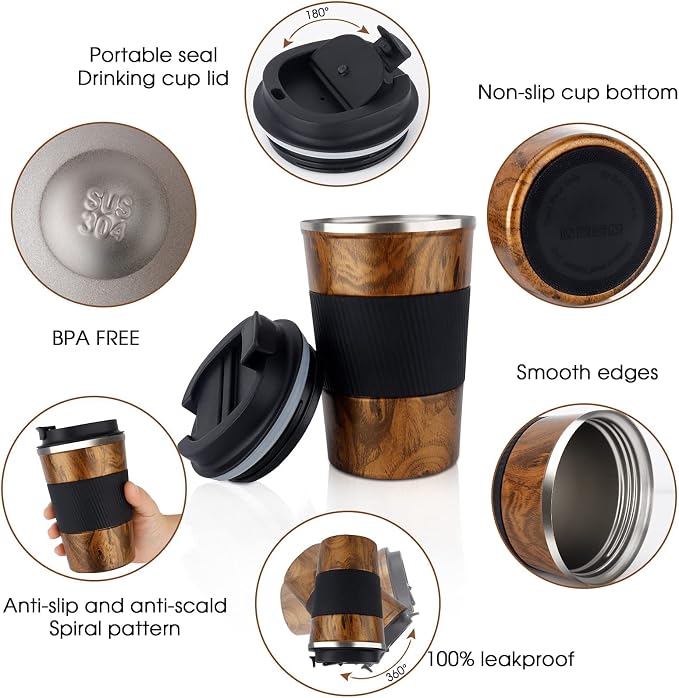 KETIEE Travel Mug, 12oz Insulated Coffee Cup with Leakproof Lid, Vacuum Stainless Steel Double-Wall Travel Coffee Mug Spill Proof, Reusable Travel Tumbler for Men and Women for Hot Cold Water