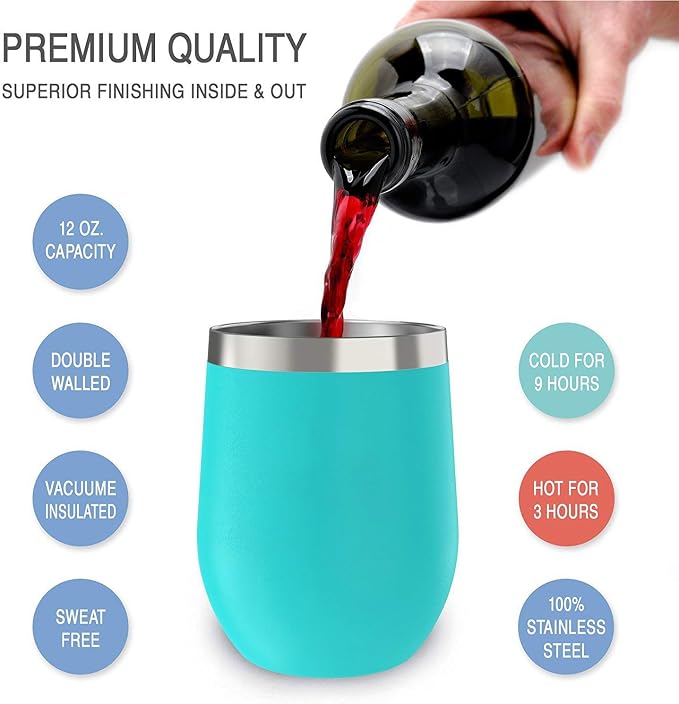 CHILLOUT LIFE 12 oz Stainless Steel Wine Tumbler with Lid - Double Wall Vacuum Insulated Wine Cup Glass Keeping Cold & Hot for Coffee, Champagne, Cocktails, Ice Cream - Powder Coated Aqua Blue