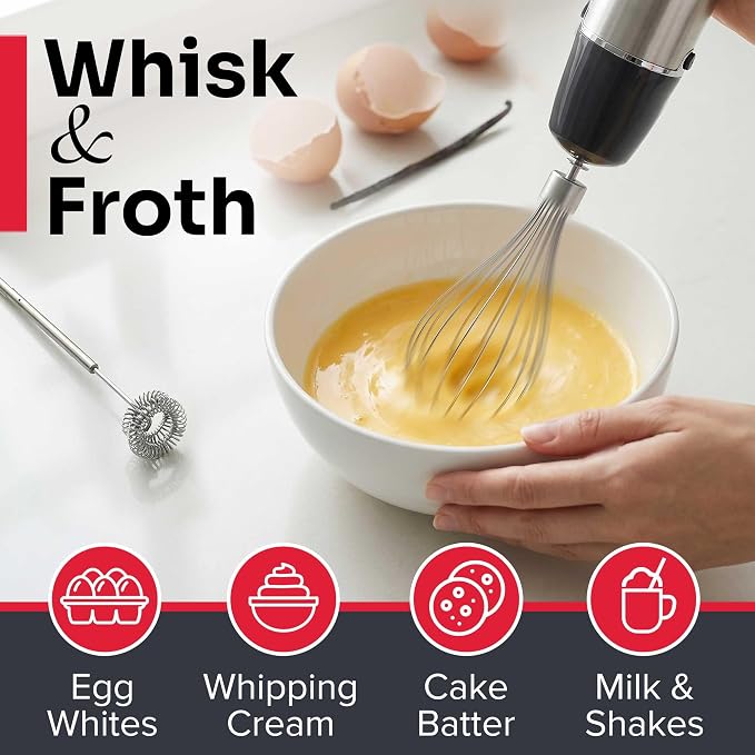 Mueller Multistick 5-in-1 Immersion Blender Handheld, 12-Speed Hand Mixer | Turbo Boost,Heaviest Duty Copper Motor,Titanium reinforced Blades Hand Blender,Milk Frother Wand,Whisk,Beaker,Chopper,Grey