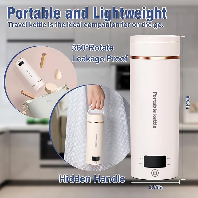 Touxila Portable Electric Kettle for Travel 120V, 13.5oz, 4 Temp Settings | 304 Stainless Steel Lining,Fast Boiling Water,Auto Shut-Off,Boil Dry Protection,Small Kettle for Office & Hotel(Beige, 400ML)