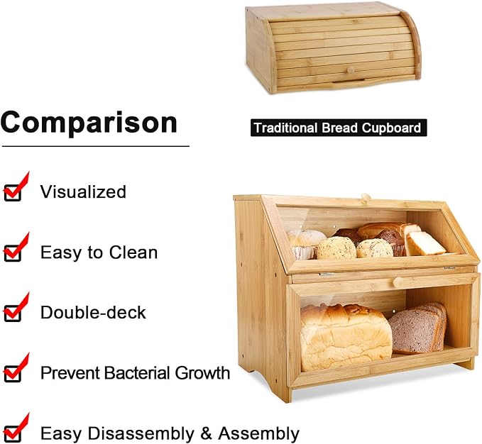 HOMEKOKO Double Layer Bread Box for Kitchen Countertop, Natural Bamboo | Keeps Bread Fresh 3-4 Days, Large Capacity Fits 2+ Loaves, Suitable For Home Kitchen Food Storage Use, See-Through Window