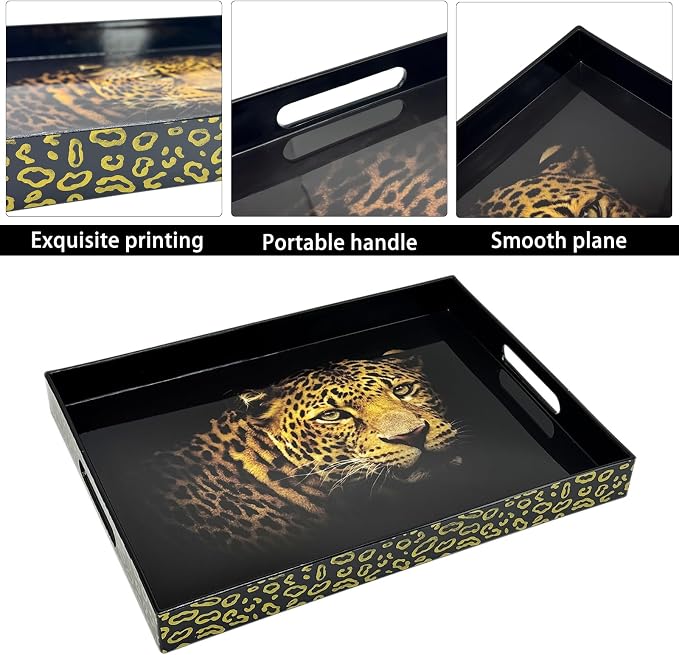 Serving Tray with Handles, 15.7 * 11.8 inches, Plastic Ottoman Tray with Exquisite Paintings, Trays for Coffee Table