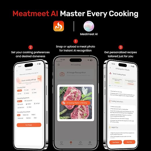 Wireless Meat Thermometer Digital with Remote App Monitoring | ±0.9℉ Accuracy Bluetooth Meat Thermometer, Wi-Fi Unlimited Range, DishWasher Safe, and App Alerts, for BBQ/Oven/Grill/Smoker