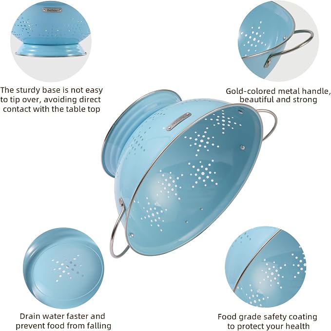 Metal Colander 2 Pack, Strainer Bowel with Handles 2Qt & 6Qt Powder Coated Solid Ring Base Heavey Duty Kitchen Drainer Basket for Pasta Veggies and Fruits,New Home Apartment Essentials (ArcticBlue)