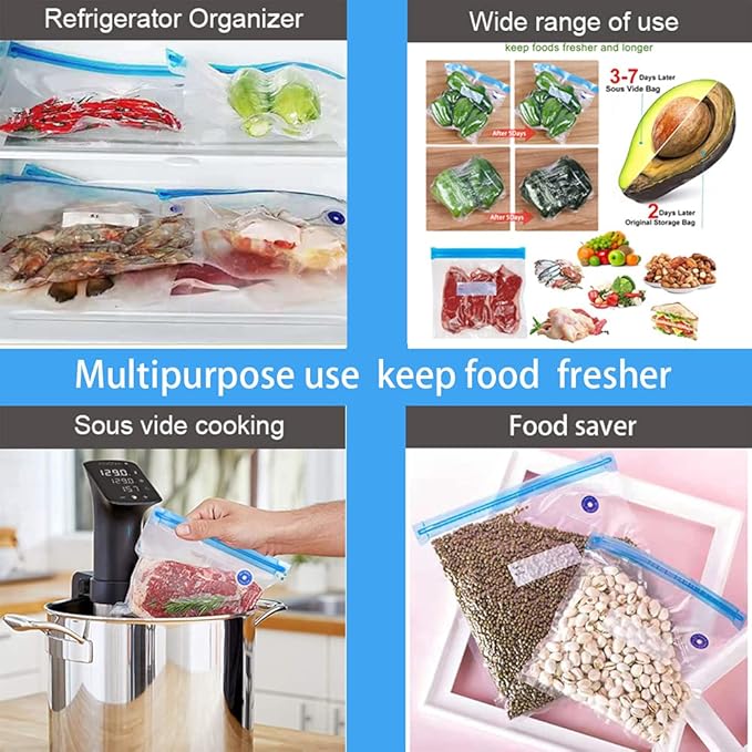 Sous Vide Bags Reusable 27Pcs, BPA Free Food Vacuum Sealer Bag, Food Storage Bags, Vacuum Zipper Bags for Sous Cooking - 20Pcs Vacuum Food Sealer Bag & 5 Air Valves & 2 Seal Clips (13.5X10 in) 4.3L