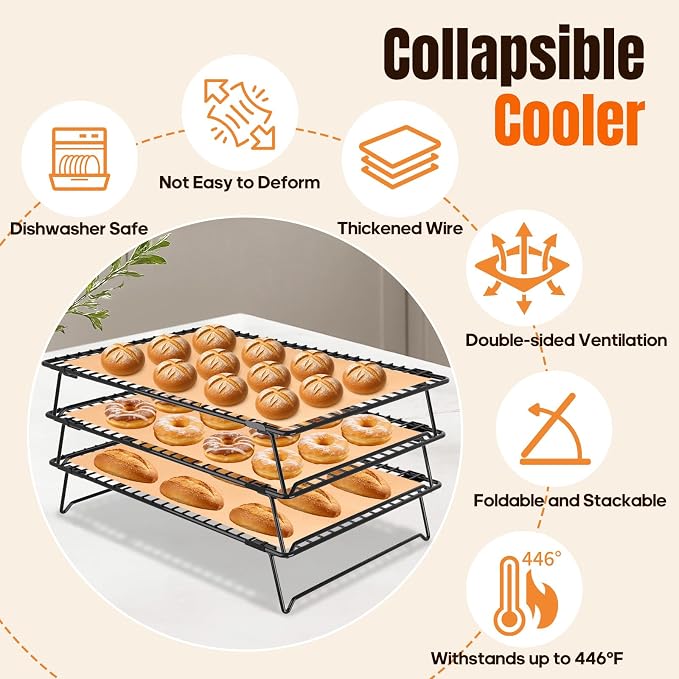 13.4 * 9.4 IN 3-Tier Collapsible Cooling Rack with 50 Pcs Baking Papers | Cookie Cooling Racks, Wire Rack For Cooking & Baking, Dessert Display, Drying, Dishwasher Safe, Black