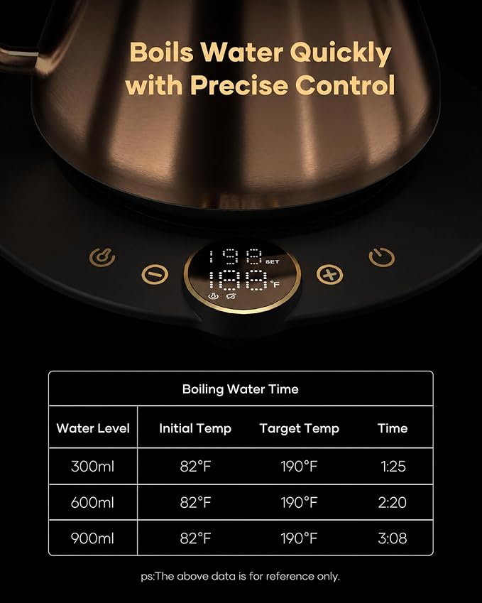 Cocinare Gooseneck Electric Kettle, ±1°F Precise Temperature Control, 1500W Fast Heating, Pour Over Coffee & Tea Kettle with Brew Timer & Keep Warm, Stainless Steel, 0.9L (Bright Bronze)