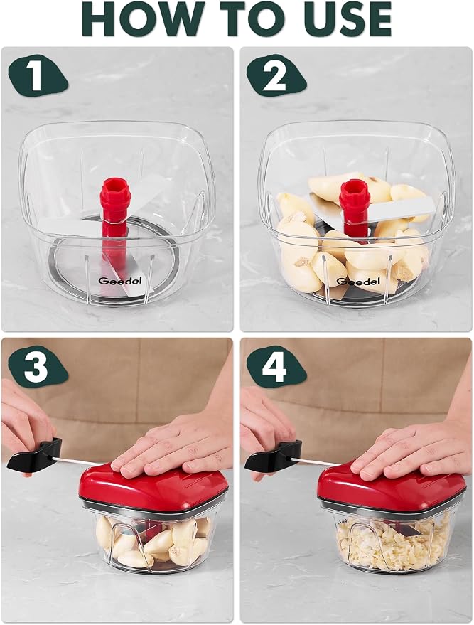 Geedel Vegetable Chopper, Manual Food Chopper with Hand Pull String, 500ml | Manual Food Processor, Sharp Stainless Steel Blade, Non-slip Base, Dishwasher Safe, No BPA, Portable, for Veggie, Fruit, Nut
