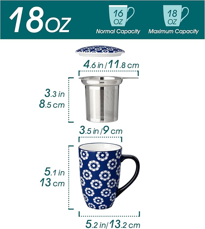 vancasso SELENE Porcelain Tea Mug, 18 oz Porcelain Tea Cup with Infuser and Lid Steeps Loose Leaf Tea, Microwave & Dishwasher Safe, Daisy Cluster