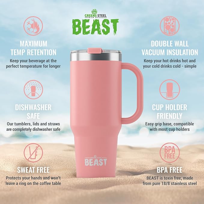 Beast 50 oz Tumbler with Handle Stainless Steel Vacuum Insulated Coffee Ice Cup Double Wall Travel Flask (Blossom Pink)