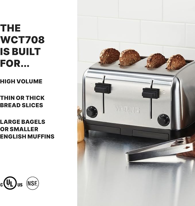 Waring 4-Slot Toaster with with Defrost Function | Professional Light-Duty Pop-Up Bread Toaster, with Defrost Function for Commercial Kitchens