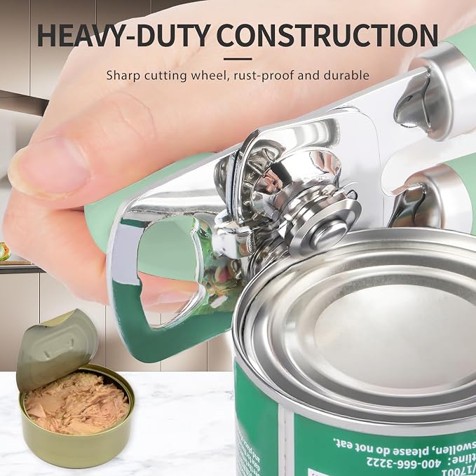 Safring Can Opener Manual, Heavy Duty Stainless Steel Smooth Edge Can Opener With Soft Touch Handle, Oversized Handheld Easy Turn Knob, Multi-Function Bottle Opener, Mint
