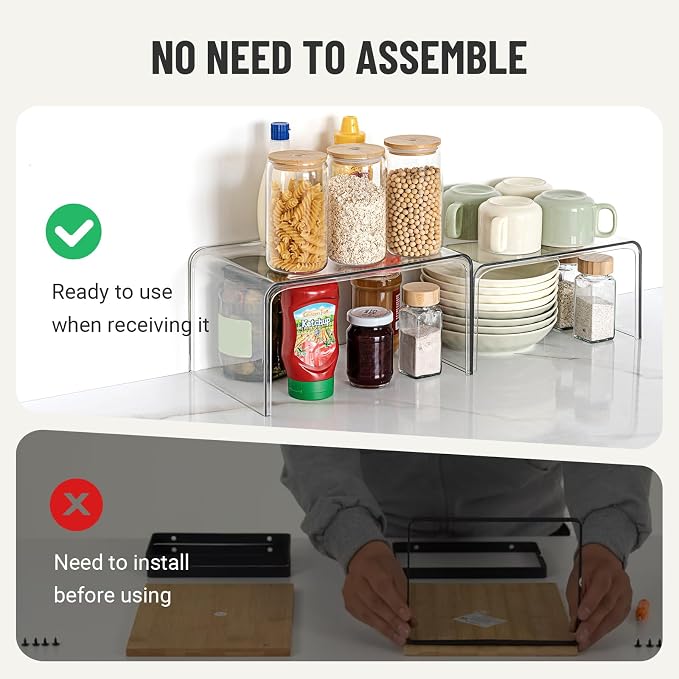 Bobomoment Clear Cabinet Organizer, Stackable Shelf Organizer Set of 2 | Kitchen Pantry Organizers and Storage, Display Cabinet Shelf Countertop Desk Shelves, Patented Spice Organization