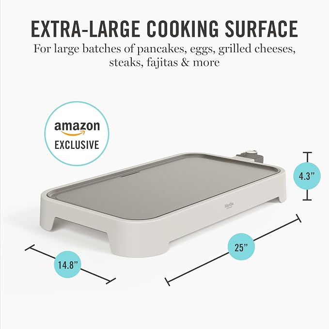 Martha Stewart 12"x 22" XL Electric Griddle, Ceramic Nonstick Flat Top | PFAS-Free Nonstick Grill, XL Cooking Surface for Pancakes & Eggs, Adjustable Temp Dial, Drip Tray, 1500W Heating, Linen White