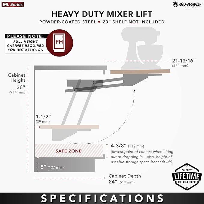 Rev-A-Shelf Heavy-Duty Stand Mixer Lift for Kitchen Base Cabinets | Zinc - Spring-Loaded Lifting System for Small Countertop Appliance Storage, Min Opening Width of 12, RAS-ML-HDCR