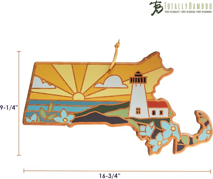 Totally Bamboo Massachusetts State Shaped Cutting Board, Summer Stokes Art | State charcuterie board with colorful hand-drawn landscape art. Smooth reverse side for food prep. Hang tie for wall display.