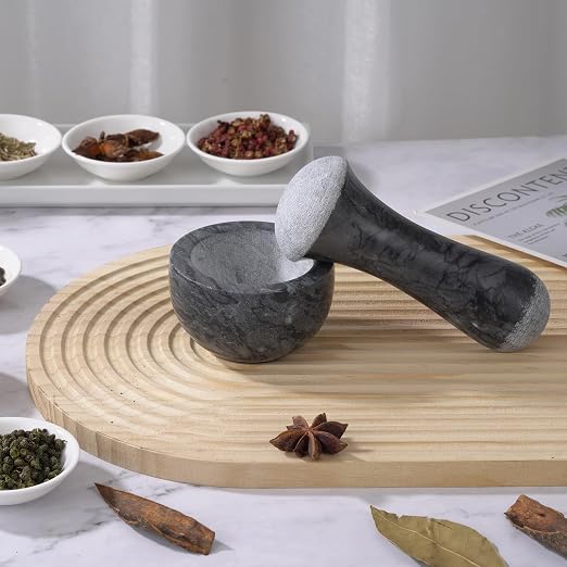 Tianman Small Mortar and Pestle Set 3.2 Inch.1/3 Cup.(Marble Black) | Mini Marble Grinder with Brush for Pills Herbs Spices,Easy to Grip.Efficient Grinding.Universal Dual Head Grinding Pestle.