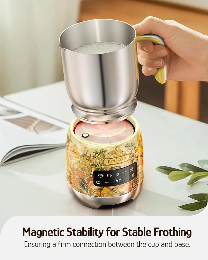 Hazel Quinn Milk Frother, Hot & Cold, Detachable Jug, 400ml 13.5oz, Floral | 5-in-1 electric milk frother and steamer, large capacity, stainless steel , dishwasher safe, for coffee/milk/hot choc