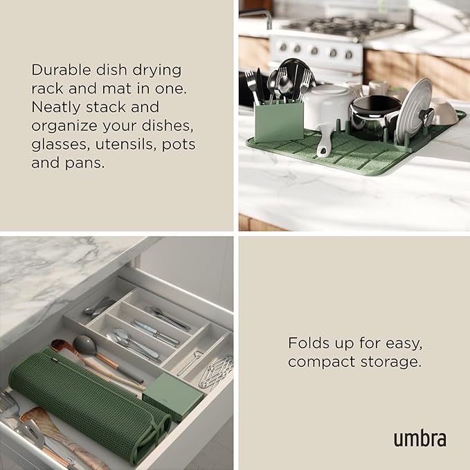 Umbra Udry Dish Drying Rack with Microfiber Mat, Foldable Drainer, Spruce | Machine washable, protects countertops, utensil holder, compact space saving design