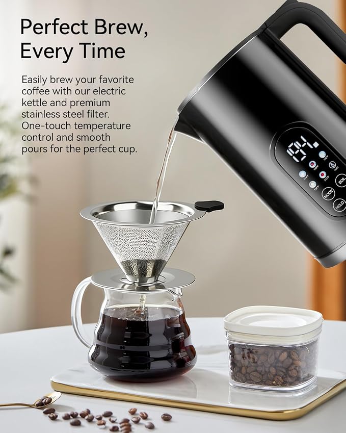 1.7L Stainless Steel Electric Kettle with Temperature Control, Matte Black | 5 Preset Temperatures for Tea & Pour Over Coffee, 2H Keep Warm, 1200W BOIL Mode, 304 Stainless Steel Interior, Cordless Base