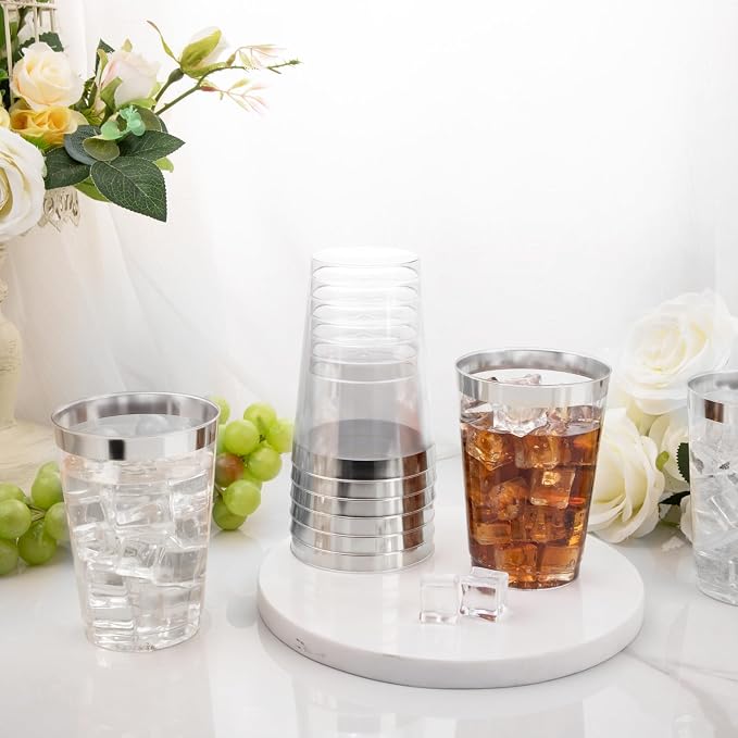 I00000 100 Pack 12 oz Silver Plastic Cups, Silver Rimmed Disposable Cups, Party Wine Glasses Cocktail Glasses Premium Cups with Silver Rim, 12 Ounce Plastic Tumblers For Party