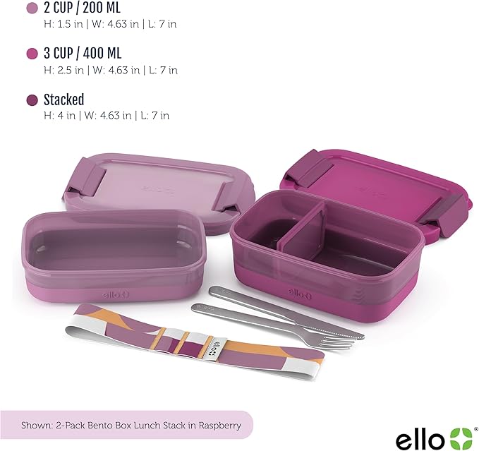 Ello Lunch Stack Bento Box Plastic Food Containers, 2 Pack, Raspberry | Leakproof bento box food containers, 2 pack. BPA-free, great for meal prepping, school & office lunches, and leftovers.