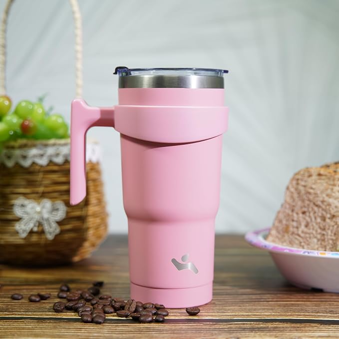 Konokyo 20 oz Tumbler with Handle and Straw, Insulated Travel Mug | Light Pink; BPA-free, leak-proof tumbler with 2 lids, 2 straws, cup holder fit for coffee, office, travel & daily use