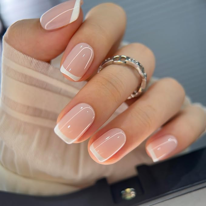 CurvLife Short Square French Tip Press On Nails, Silk Outline, Soft Gel | 32PCS, 16 Sizes, Salon-Quality Natural Fake Nails, Curved Fit, 7-14 Day Glue-On Wear, Reusable Stick-On Nails, Press-On Kit