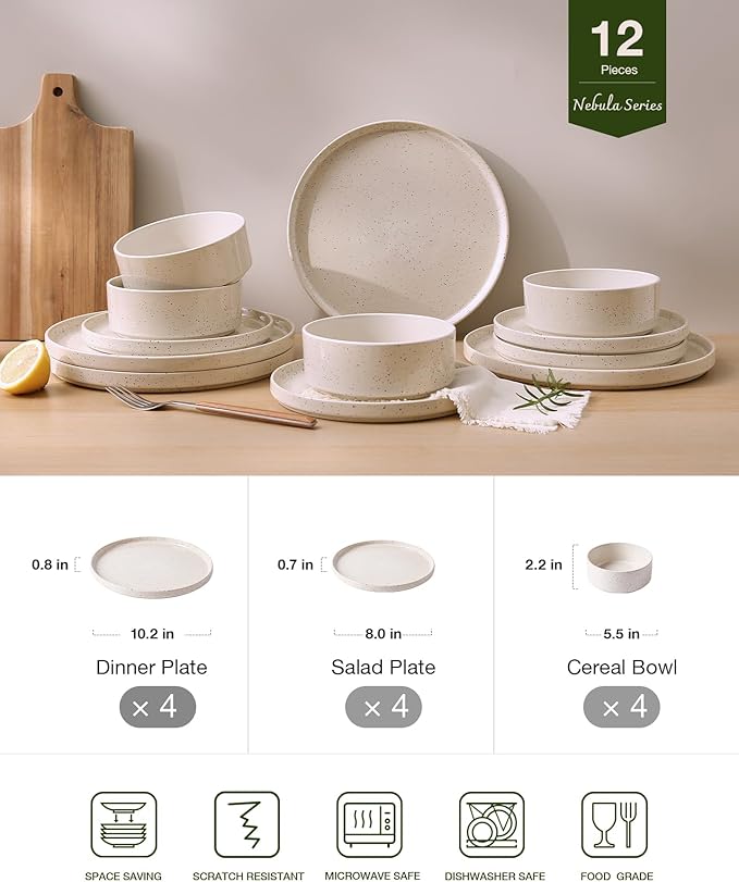 Famiware Nebula 12-Piece Stoneware Dinnerware Set, Creamy White | Plates and Bowls with Reactive Glaze and Colorful Speckles, Chip & Scratch Resistant, Microwave & Dishwasher Safe