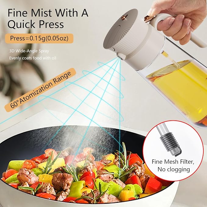 19.6 oz Leak-Proof Glass Olive Oil Sprayer for Cooking, Fine Mist & Pour | 2 in 1 Oil Dispenser and Sprayer, Switch Between Fine Mist & Precision Pour for Air Fryer, BBQ, Salad, Baking - White